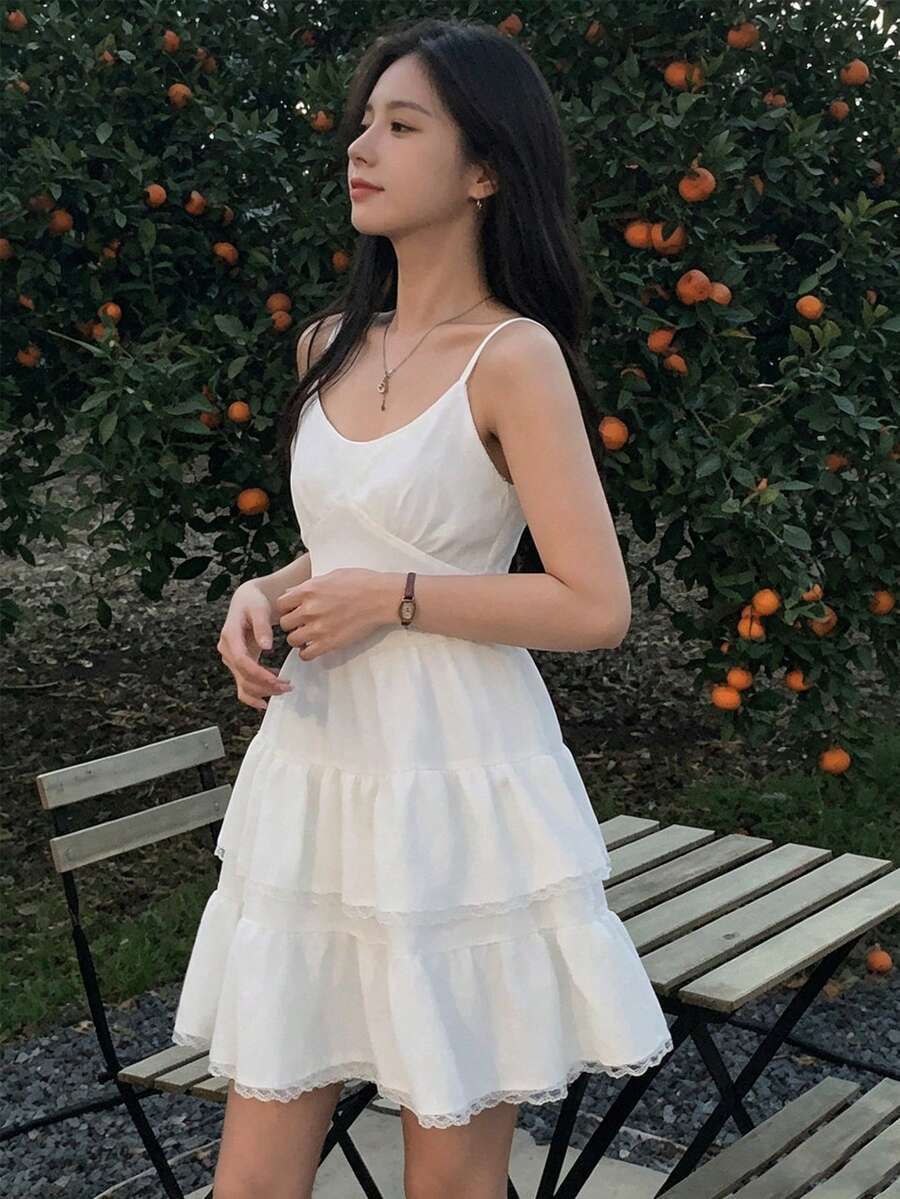 YCYC Spring Sleeveless Floral Lace Trim Cake Skirt Dress Women Fashion - White - View 1