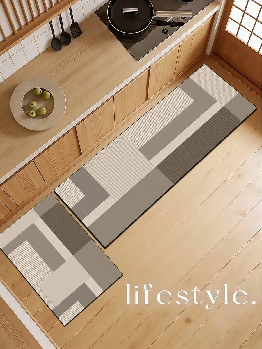SANJIANGDI 1pc Minimalist Geometric Patchwork Pattern Kitchen Mat, 3.5mm Soft Rubber Material, Absorbent And Easy To Clean, Suitable For Hallway, Bathroom, Living Room, Outdoor Door Mat And Toilet, All Year Round, Suitable For Various Holidays - Multicolor - View 1