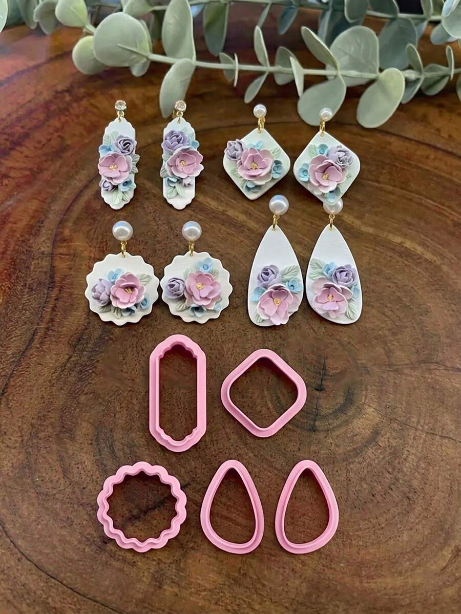 Polymer Clay Cutters, Scalloped Rectangle Diamond Teardrop Shapes, DIY Earring Pendant Handmade Floral Jewelry Making Craft Tools - Pink - View 1