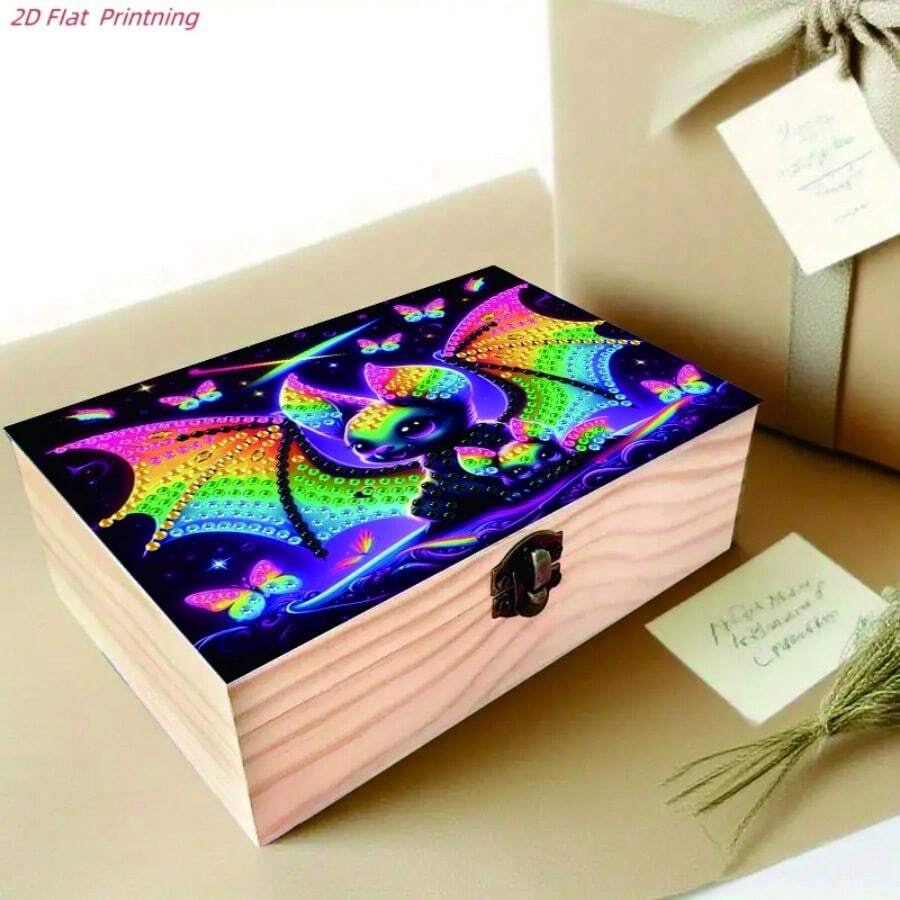 1pc Handmade Bat Theme Art Storage Box With Lockable Lid - Wooden Multifunctional Jewelry Box, Bat Pattern Decoration, Suitable For Office Desk, Vanity, Can Be Used As Bat Display Or Gift, 2D Flat Design - Multicolor - View 1