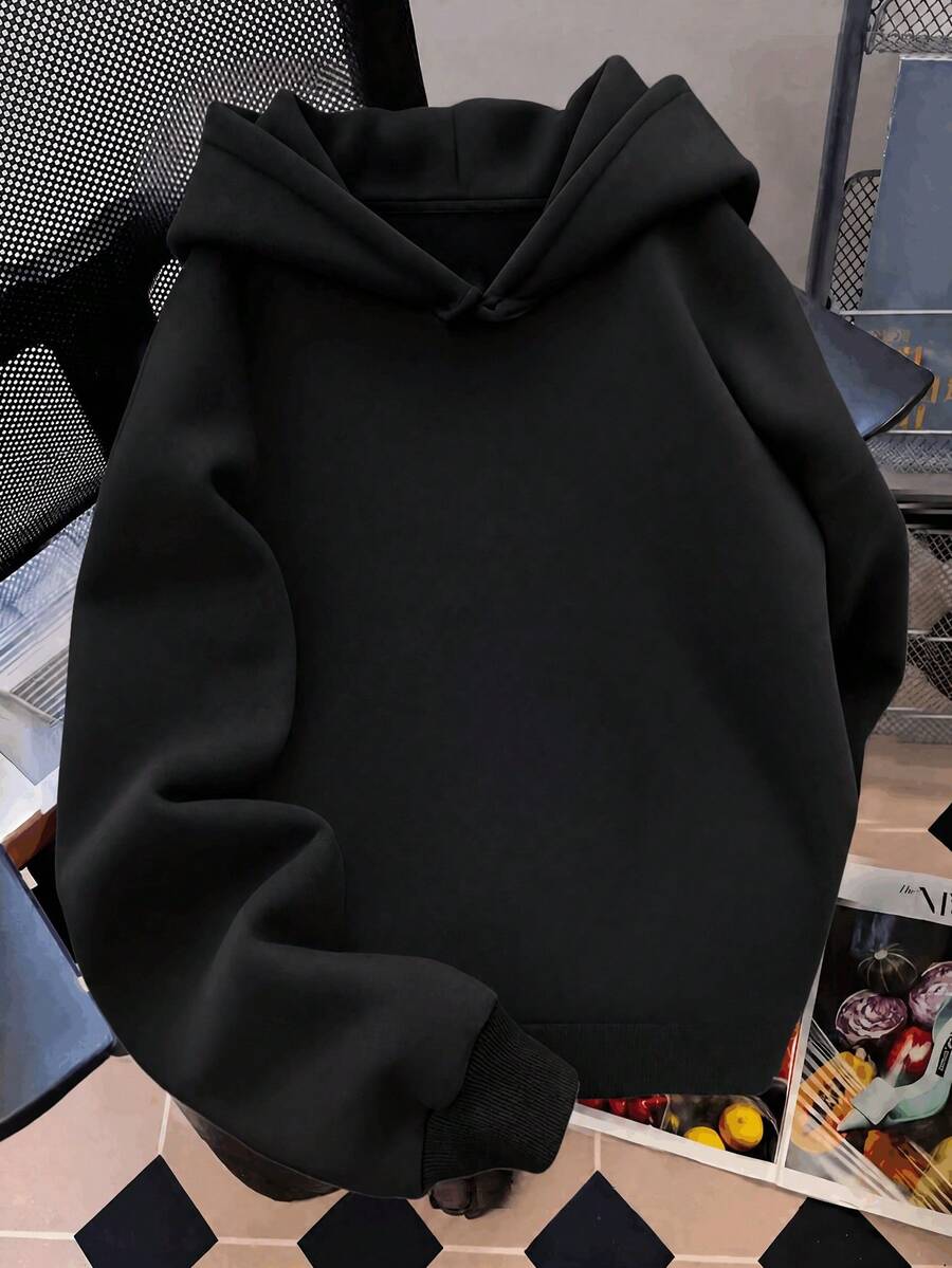 1pc Solid Black Hooded Sweatshirt, Loose Casual All-Match Long Sleeve Top, Soft Skin-Friendly Breathable Versatile Campus Commute Sports Style Tween Girl Clothing, Suitable For Spring Autumn Winter, Inner Layer Or Outer Wear, Simple Solid Color For Small Medium Large Children - Black - View 1