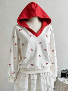 Lurzo Girls Cute Sweet V-Neck Loose Hooded Sweatshirt, Cherry Print + Ribbed Cuffs And Hem Design, Soft And Comfortable, Suitable For Casual Daily Wear - White - View 1