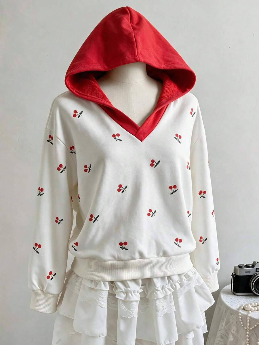 Lurzo Girls Cute Sweet V-Neck Loose Hooded Sweatshirt, Cherry Print + Ribbed Cuffs And Hem Design, Soft And Comfortable, Suitable For Casual Daily Wear - White - View 1