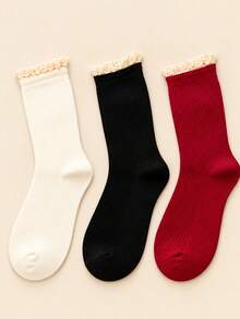 1 Pasang/2 Pasang/3 Pasang Kaos Kaki Ruffle Merah Vintage untuk Wanita, Kaos Kaki Ruffle Renda Lucu untuk Mata Kaki/Betis, Kaos Kaki Katun Bergaris Lembut dengan Manset Ruffle - Burgundy - View 11
