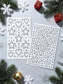 1pc/1set Silver Heart & Star Christmas Face Rhinestone Stickers, Self-Adhesive Glitter Face Stickers For Music Festival, Christmas Party Eye Makeup Decoration, With Exclusive Tweezers - Multicolor - View 2