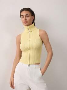 Women's Minimalist Butter Yellow Solid Color Zip-Up Collared Sleeveless Ribbed Knit Top Summer - Yellow - View 8