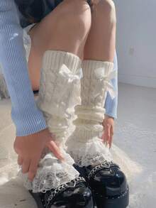 1 Pair Women's Soft Fluffy Leg Warmers, Cute Bow Lace Trim Ankle Socks, Kawaii Lolita Style Leg Covers, Cozy Fashion Accessories, Valentine's Day Gift - White Bow Calf Socks - View 5