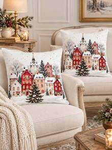 shangxia 2PCS--Nordic Snowy Town Cushion Covers, Hand-Painted European Style Small House Home Decor Pillowcases--(Pillow Insert Not Included)-(Multiple Sizes) - Multicolor - View 2
