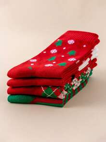 4 Pairs Unisex Red & Green Mixed Color Christmas Mid-Calf Socks, Soft Breathable Fun Holiday Socks, Suitable For Christmas Party And Vacation - Multicolor - View 6