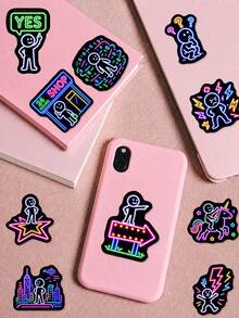 50Pcs Glowing World Of Little People Stickers, Black Background Neon Fluorescent Texture, Fun Patterns Of Glowing Little People, Guitars And Bicycles, For Laptop, Helmet, Pencil Case, Suitcase, Locker, Photo Album, Guitar, E-Bike Shell Decor - Multicolor - View 4