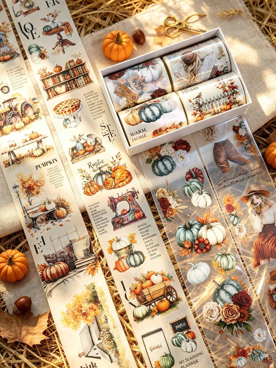 4 Rolls/Box Pre-Cut Fall Themed Washi Tape Set, PET Sticker Rolls, Masking Decorative Tape, Used To Make Scrapbook DIY Handbook Junk Journaling Supplies Material