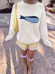 Women's Cute Casual Y2K Fish Pattern Loose Long Sleeve Knit Pullover Sweater Top, Vacation And Back To School White Fall - White - View 7