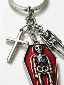 1pc New Alloy Enamel Halloween Skeleton Keychains, Gothic Coffin Cross Skull Charm, Silver Key Rings Chain, Car Bag Pendant, Halloween Party Gift - Multicolor - View 5