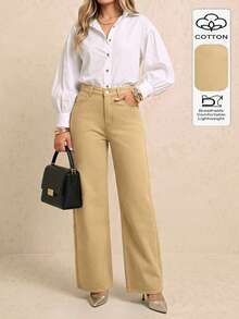 Long Button-Up Non-Stretch Loose Straight Leg Denim Jeans, Casual Versatile Everyday Wear - Khaki - View 2