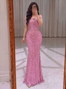 Luxury Sparkling Beaded Evening Gown - Mermaid Silhouette, Square Neckline Design Wedding Party Fall - Baby Pink - View 6