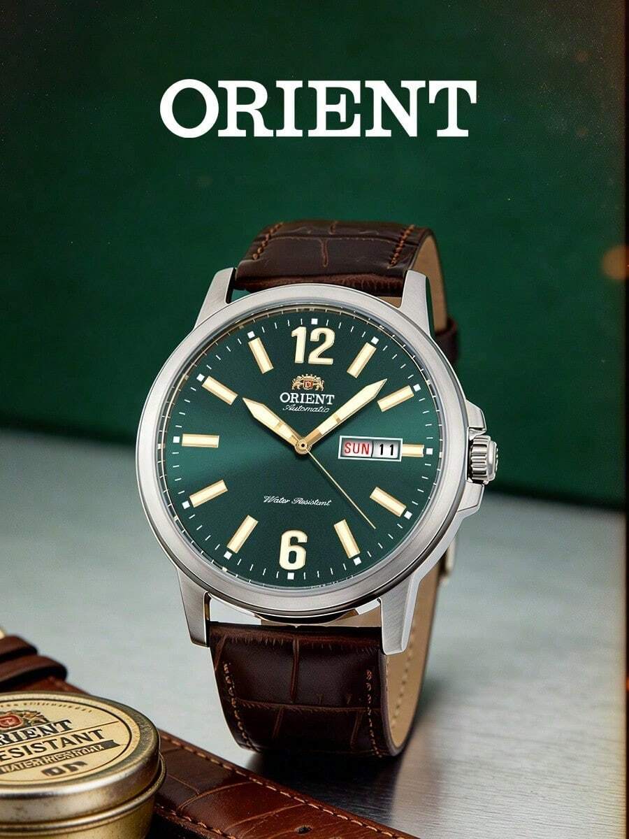 Armani Orient Men's Modern Automatic Mechanical Watch, Green Dial, Mineral Crystal Glass, Brown Leather Strap, Day & Date Display, RA-AA0C06E19B - Silver - View 1
