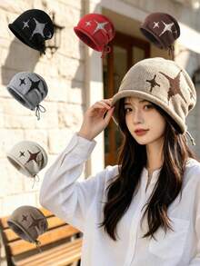 1pc Unisex Star Jacquard Drawstring Beanie Hat, Knit Headwear With Ear Protection, Warm Casual Outdoor Daily Wear, Slouchy Style - Multicolor - View 9