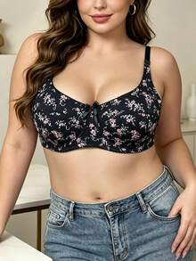 3pcs Plus Size Printed Fashion Bra For Women, Adjustable Shoulder Straps, Side-Smoothing, Anti-Sagging, Thin Adjustable Hook-And-Eye Underwear - Black - View 5
