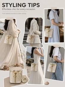DIOR French Style Diamond Quilted Jacquard Woven Bucket Bag For Women, Luxury Gold Chain Drawstring Closure Bag, Crossbody & Shoulder Carry, Soft Creamy Apricot Color Large Capacity Portable Makeup Bag - Creamy Apricot Diamond Jacquard Woven Bucket Bag - View 2