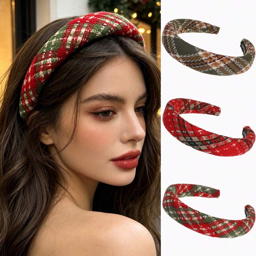 1pc Plaid Padded Headband, Retro Fabric Wide Hair Hoop For Women Christmas Holiday Party Hair Decoration - Multicolor - View 1