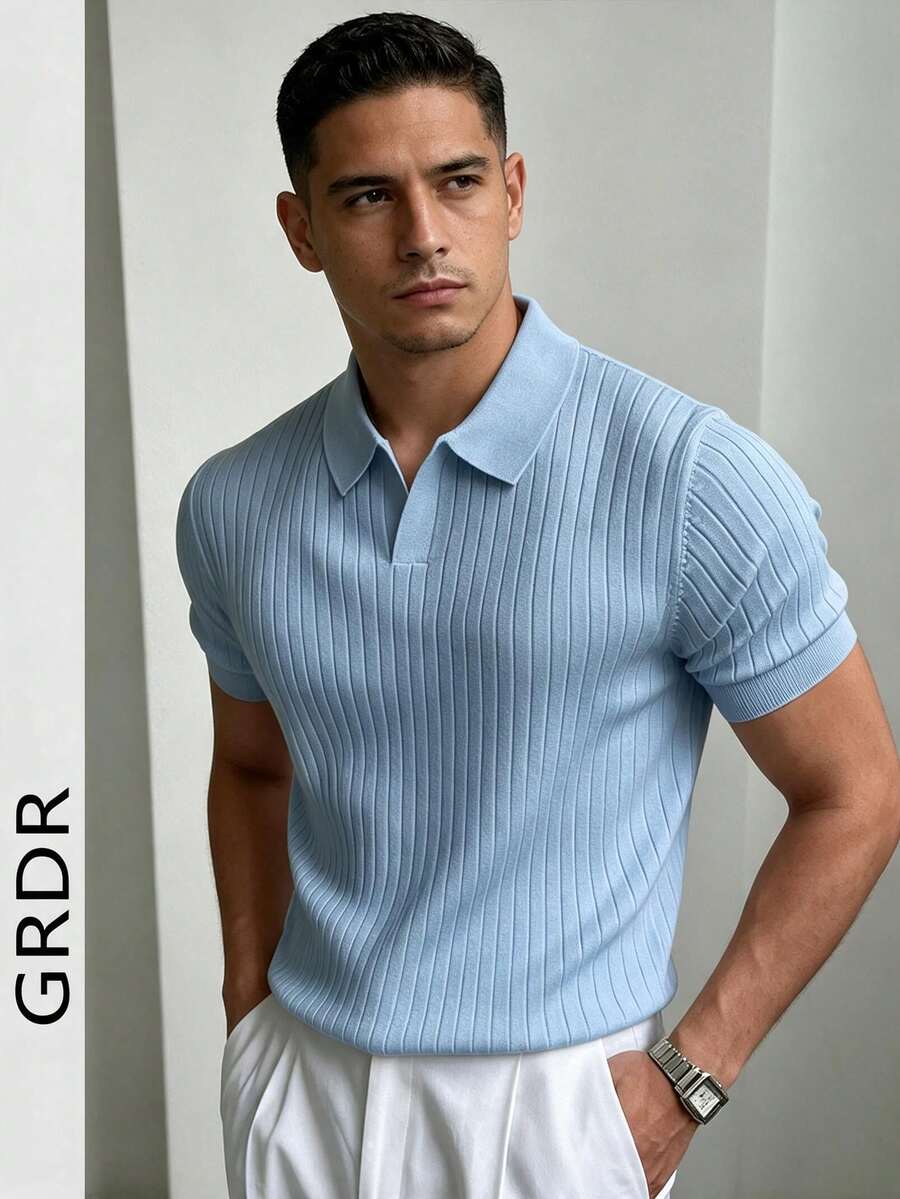 GRDR Men's Summer Knit Polo Shirt, Solid Color Short Sleeve Knitted Collar, Suitable For Summer Outings, Essential For Fashionable Outfit