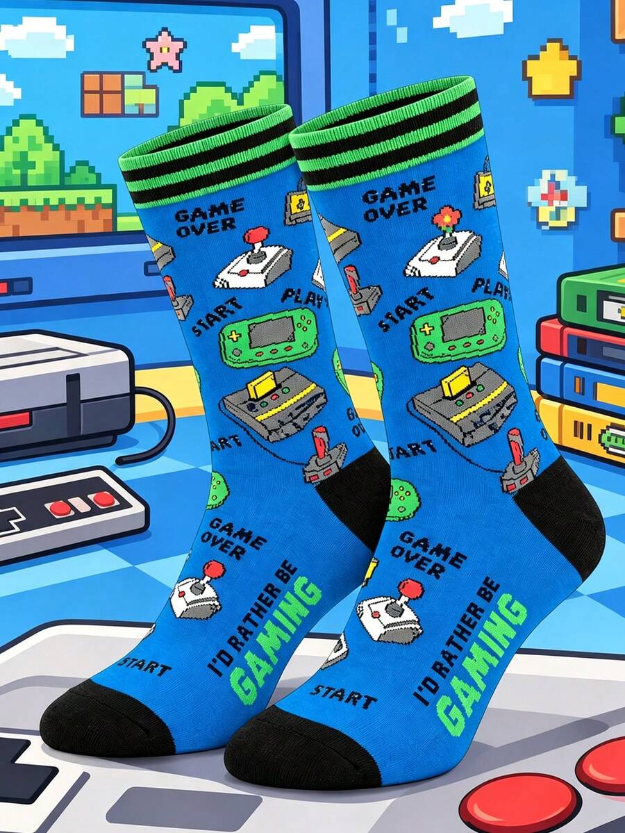1 Pair Men's Fun Pattern Retro Game Mid-Calf Socks, Suitable For Autumn ...