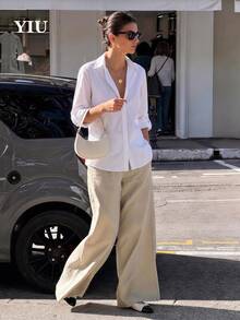 YIU Women's Fashion Silhouette Long Sleeve Button-Down Shirt, Classic Collar, Daily And Beach Vacation Wear - White - View 3