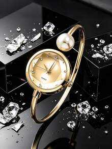 6PCS Gold Compact Round Shell Quartz Watch With Water Drop Necklace, Bracelet, Ring, Earrings Set, Birthday Gift, Versatile Accessory - Gold - View 4