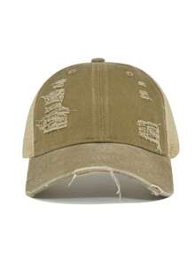 1pc Distressed Mesh Trucker Hat Unisex, Vintage Washed Ripped Cap, Adjustable Breathable Patchwork Sun Cap,Retro Streetwear Hat For Outdoor Daily Wear - A - View 3