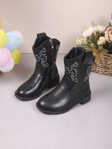 Children's Fashion Casual Western Cowboy Boots, Simple Solid Color Design, Vintage Boots, Autumn/Winter Riding Ankle Boots - Black - View 5
