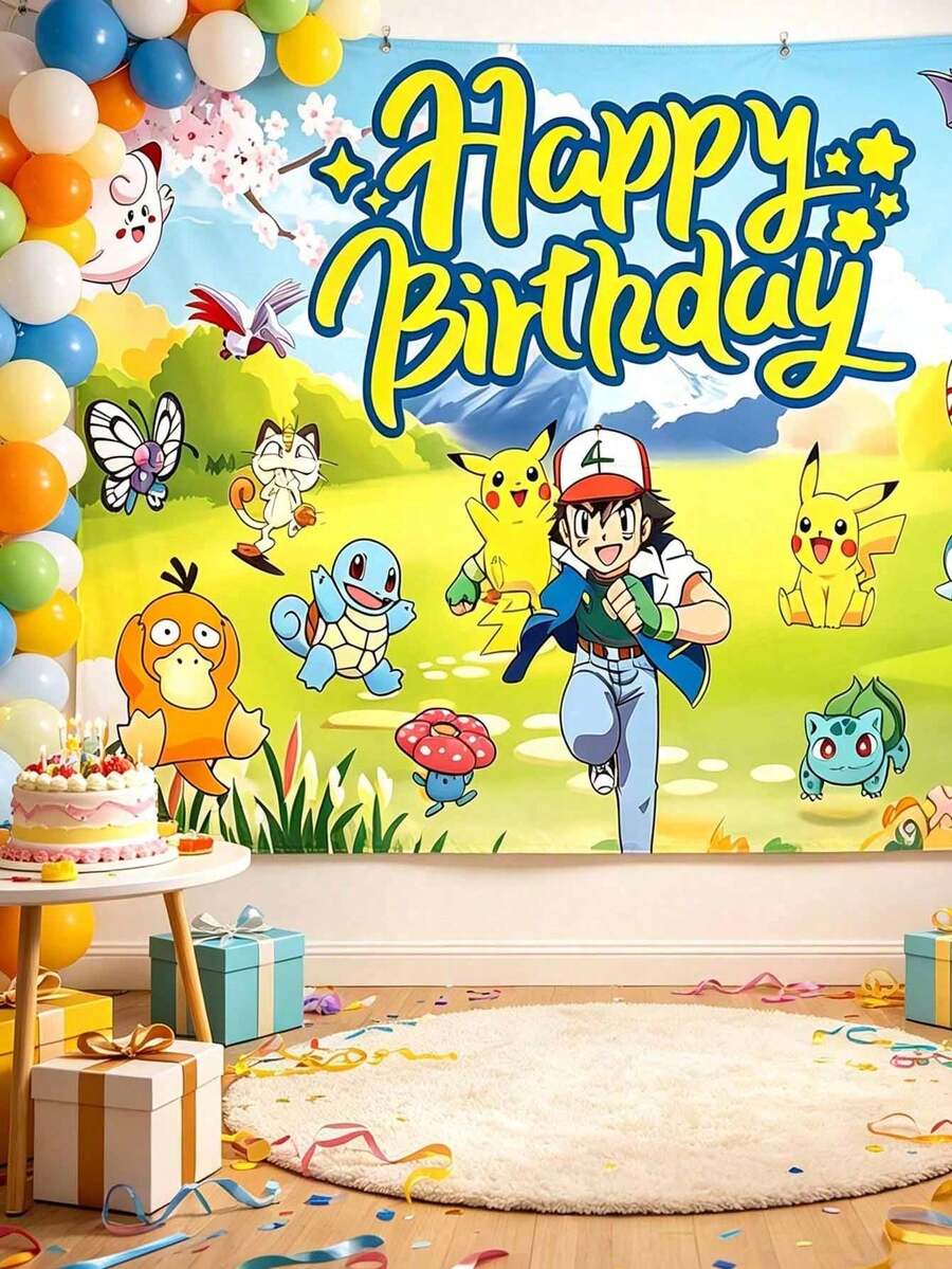 asmodee Pokemon Cartoon Birthday Background Banner, 4 High-Definition Digital Prints, Halloween, Christmas, Holidays, Daily Party Wall Decoration Atmosphere-Enhancing Banner Props - Multicolor - View 1