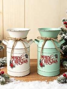 Christmas Vintage Metal Can Vase, Distressed Galvanized Flower Bucket With Rope Handle, Merry Christmas Printed Decorative Water Pitcher, Rustic Farmhouse Style Tabletop Centerpiece, Christmas Floral Arrangement Container, Home Decor - A - View 7