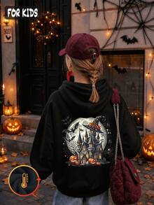 Halloween Autumn Winter Girls' Hooded Fleece Sweatshirt With Castle, Moon, Pumpkin And Bat Print - Black - View 2