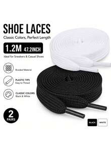 2 Pairs Polyester Double Layer Flat Shoelaces, Classic Black & White Color DIY Shoelace Rope, Suitable For Sports Shoes & Training Shoes - Multicolor - View 1