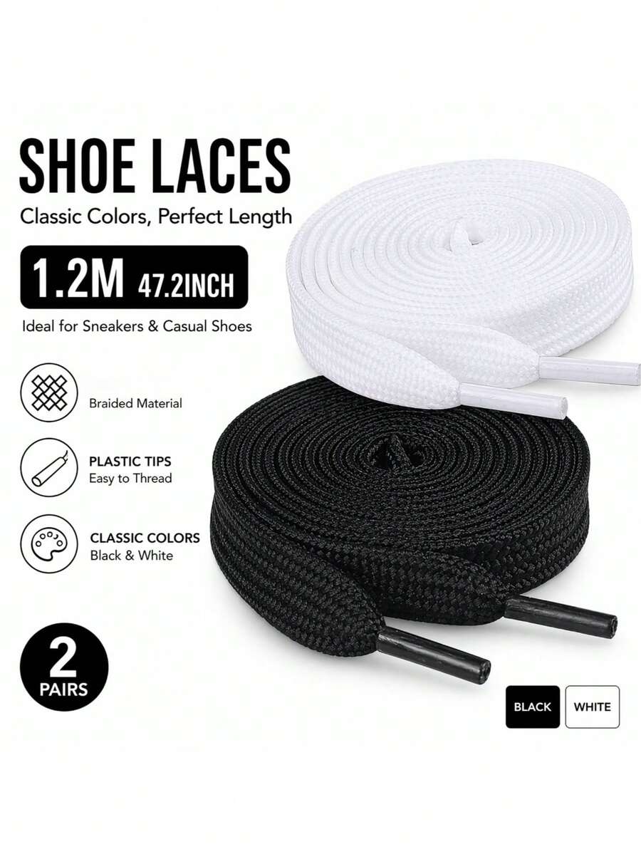 2 Pairs Polyester Double Layer Flat Shoelaces, Classic Black & White Color DIY Shoelace Rope, Suitable For Sports Shoes & Training Shoes - Multicolor - View 1