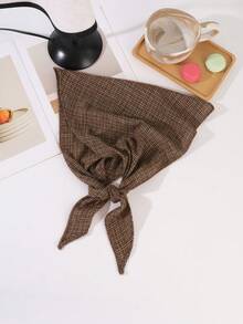1件 Maillard 秋季風棕色調細格紋刷毛三角頭巾，復古格紋布料頭巾，女款秋季咖啡廳打卡風，風衣穿搭氛圍頭飾 - 彩色 - 查看 4