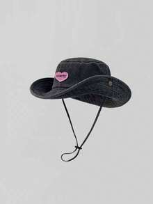 1pc Unisex Sweet Cool Heart Embroidery Pink Patchwork Bucket Hat With Windproof Rope, Outdoor Hiking Climbing Fishing Hat, Sun Protection, Versatile For Outdoor Shopping, Sports, Beach, Cycling, Travel - Pink - View 7