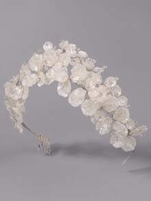 Bridal Hair Accessory White Satin Petal Baby's Breath Crystal Bead Ethereal Full Wedding Floral Crown With Hair Comb - Silver - View 9