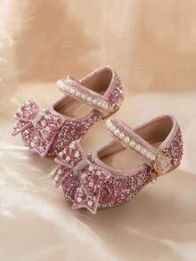 1 Pair 2026 New Girls' Shoes With Large Bow, Pearl And Rhinestone Decor, Glitter Rhinestone Material, Round Toe, Metal Buckle Strap, Flat Sole, Luxury Shiny Style Girls' Shoes For Stage Performance / Birthday Party - Pink - View 2