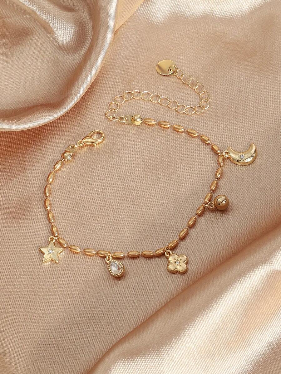 1件休閒優雅星月花卉吊墜手鍊,金色飾品,適合作為母親禮物,適用日常配戴、派對、婚禮 - 金色 - 查看 1