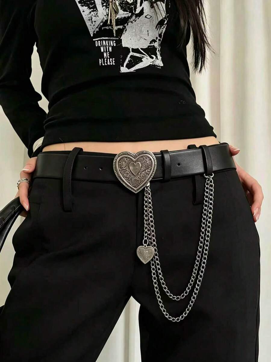 1件女款復古愛心扣PU鏈條腰帶，經典時尚配件，辣妹風，適合搭配褲子與洋裝，完美適用於日常穿著、萬聖節、音樂節、聖誕假期穿搭 - 黑色 - 查看 1