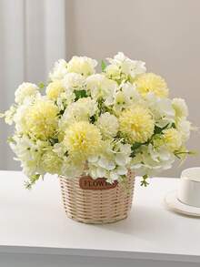 1pc Artificial Hydrangea & Chrysanthemum Mixed Flower Bouquet, Faux Silk Ball Flower Bunch With Green Leaves, Fall Autumn Home Vase Arrangement, Wedding Table Decor - Yellow - View 1