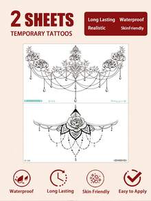 2pcs Waterproof Temporary Tattoo Stickers, Chest To Thigh Body Art Temporary Tattoo Stickers For Women, Black Floral Jewelry Lace Totem Style Patterns With Moon Butterfly Rose Chain Designs, Lasts 3-5 Days, Easy To Apply And Remove, Disposable Tattoo Stickers - Black - View 9
