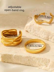 3pcs European & American Vintage Asymmetrical Pleated Wide Band Rings Set, Fashionable Luxury High-End Gold Open Rings, Suitable For Women's Daily, Holiday, Commute Wear - 3-piece Ring Set - View 8
