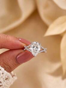 1pc 5ct Shiny Pear-Shaped Solitaire Ring, Cross-Split Side Stones, Luxury Engagement Ring For Bridal Party And Daily Wear - Style a - White - View 8