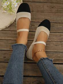 Women's New Single Strap Vintage Minimalist Versatile All-Season Shoes - Beige + Black - View 2
