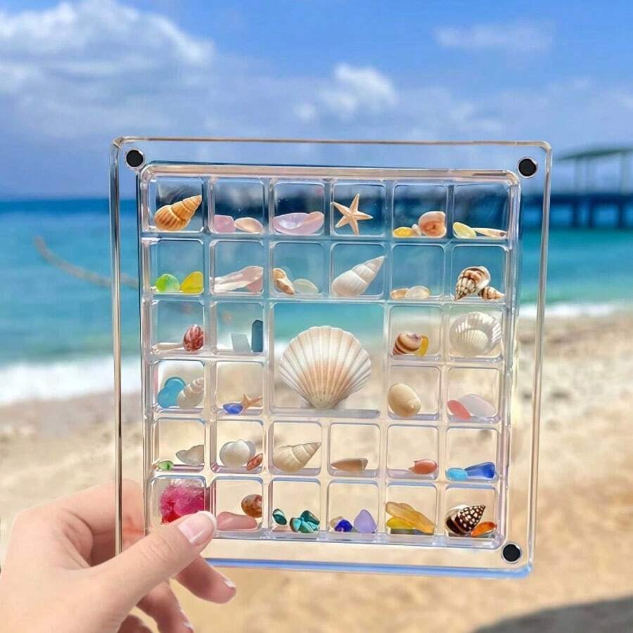 1pc, 36-Grid Transparent Acrylic Compartment Storage Box, Beach Treasure Display Frame, Multi-Grid Transparent Display Box, Mini Jewelry Display, Multiple Independent Compartments For Classified Storage Of Small Collections, Dust-Proof Protection Display Frame, Desktop Placement, Suitable For Beach Travel Souvenirs, Jewelry Memorial Collections, Home Desktop Decoration, Best Gift For Collection Enthusiasts - Multicolor - View 1