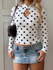 SCARLUX Fall Winter Women Y2K White Polka Dot Long Sleeve Top, Keyhole Mock Neck Fitted Tee For Back To School Street Commute Loungewear - White - View 2