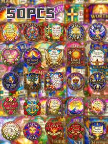 50Pcs Stained Glass Bible Verse Inspirational Stickers, Retro Stained Glass Religious Inspirational Style, Including Colorful Stained Glass, Bible Verses, Crosses, Hearts, Mountain Elements, For Journal Collage, Water Bottle, Tablet, DIY Craft Decor - Multicolor - View 9