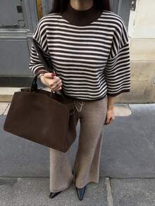 Women's Autumn New Color Block Striped Turtleneck Knit Sweater, Casual, College Style, Commuting - Dark Coffee - View 4